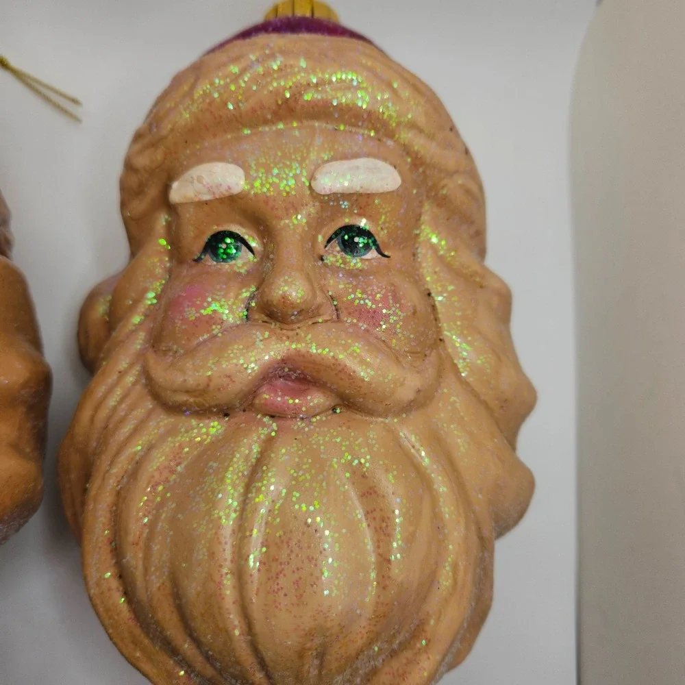 Vintage Santa Head Christmas Ornaments‎ Pair Glittered Mid Century Holiday Decor